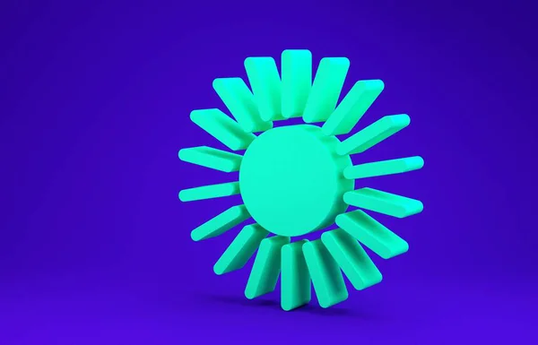 青い背景に緑色の太陽のアイコンが孤立しています。最小限の概念。3Dイラスト3Dレンダリング — ストック写真