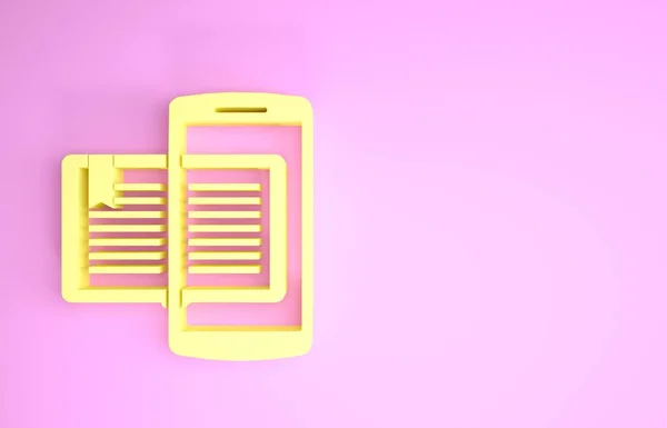 黄色智能手机和图书图标孤立在粉红色的背景。 在线学习或电子学习的概念。 最低纲领的概念。 3d说明3d — 图库照片