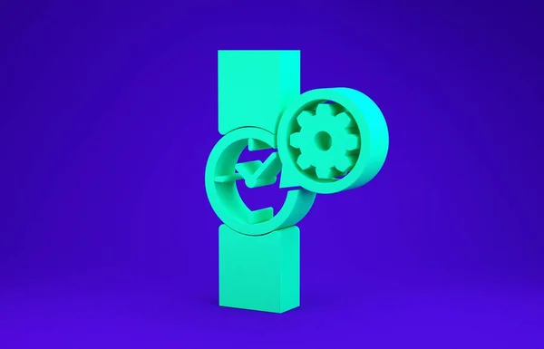 Reloj de pulsera verde e icono de engranaje aislado sobre fondo azul. Ajustar la aplicación, concepto de servicio, opciones de configuración, mantenimiento, reparación, fijación. Concepto minimalista. 3D ilustración 3D render — Foto de Stock