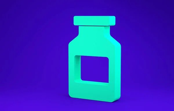Icono de la botella de medicina verde aislado sobre fondo azul. Signo de la píldora. Diseño de farmacia. Concepto minimalista. 3D ilustración 3D render —  Fotos de Stock