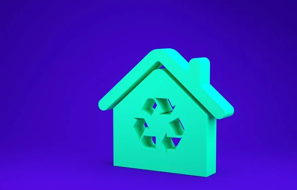 Green Eco House con icono de símbolo de reciclaje aislado sobre fondo azul. Ecología hogar con flechas de reciclaje. Concepto minimalista. 3D ilustración 3D render — Foto de Stock