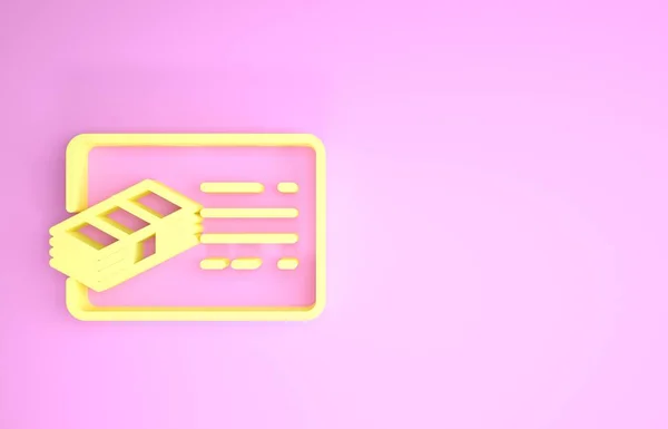 노란색 금융 문서 라인 아이콘 핑크 배경에 분리. 송장 과 돈의 아이콘. 예산 계획, 돈을 절약하고 빚을 갚는 개념. 최소성 개념. 3D 일러스트 3D 렌더링 — 스톡 사진