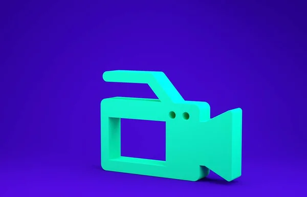 Zöld Mozi kamera ikon elszigetelt kék háttérrel. Videókamera. Mozijel. Filmvetítő. Minimalizmus koncepció. 3d illusztráció 3D render — Stock Fotó