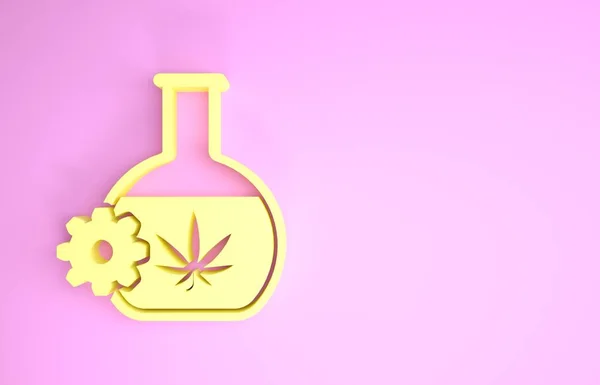 Esrar ya da kenevir yaprağı ikonlu sarı kimyasal test tüpü pembe arka planda izole edilmiş. Araştırma konsepti. Laboratuvar Cbd yağı konsepti. Minimalizm kavramı. 3d illüstrasyon 3d canlandırma — Stok fotoğraf