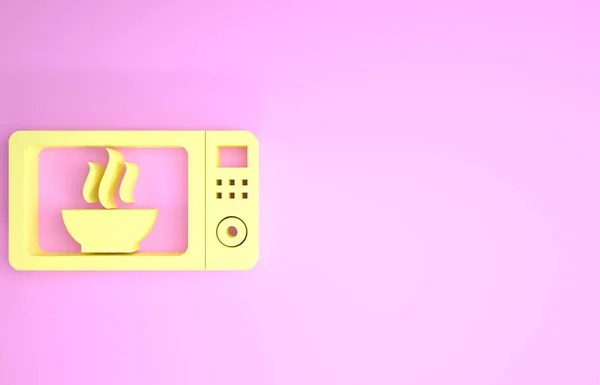 Sárga Mikrohullámú sütő ikon elszigetelt rózsaszín alapon. Háztartási gépek ikonja. Minimalizmus koncepció. 3d illusztráció 3D render — Stock Fotó