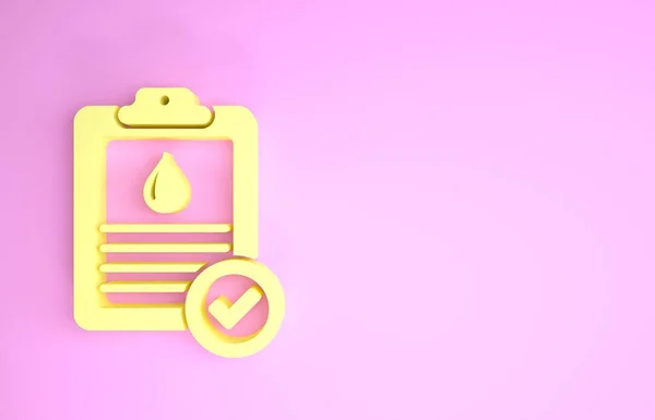 Appunti medici gialli con l'icona dei risultati degli esami del sangue isolato su sfondo rosa. Cartella clinica, prescrizione medica, referti medici. Concetto minimalista. Illustrazione 3d rendering 3D — Foto Stock