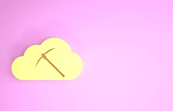 Giallo Cryptocurrency nube mineraria icona isolata su sfondo rosa. Nuvola con piccone, bitcoin, mercato monetario digitale, portafoglio cryptocoin. Concetto minimalista. Illustrazione 3d rendering 3D — Foto Stock