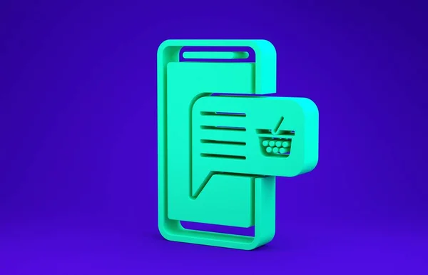 Green Mobile phone and shopping basket icon isolated on blue background. Online buying symbol. Supermarket basket symbol. Minimalism concept. 3d illustration 3D render — Stock Photo, Image