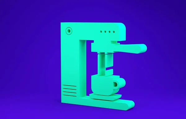 Máquina de café verde e ícone xícara de café isolado no fundo azul. Conceito de minimalismo. 3D ilustração 3D render — Fotografia de Stock