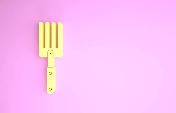 Żółty Widelec ogrodowy ikona izolowane na różowym tle. Ikona widły. Narzędzie do ogrodnictwa, rolnictwa, rolnictwa. Koncepcja minimalizmu. Ilustracja 3d — Zdjęcie stockowe