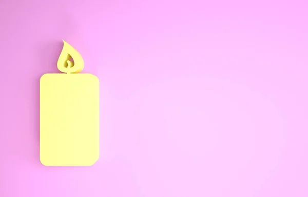 Icono amarillo de vela ardiente aislado sobre fondo rosa. Vela encendida a la antigua. Válvula cilíndrica aromática con llama ardiente. Concepto minimalista. 3D ilustración 3D render —  Fotos de Stock