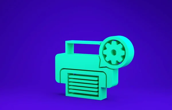 Grüner Drucker und Getriebesymbol isoliert auf blauem Hintergrund. Anpassung App, Servicekonzept, Einstellungsmöglichkeiten, Wartung, Reparatur, Reparatur. Minimalismus-Konzept. 3D Illustration 3D Renderer — Stockfoto