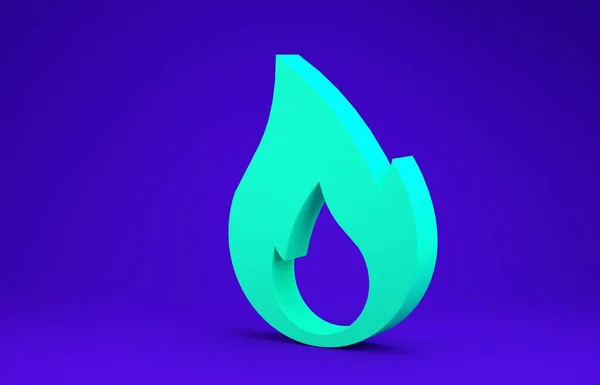 Icono de llama de fuego verde aislado sobre fondo azul. Símbolo térmico. Concepto minimalista. 3D ilustración 3D render — Foto de Stock
