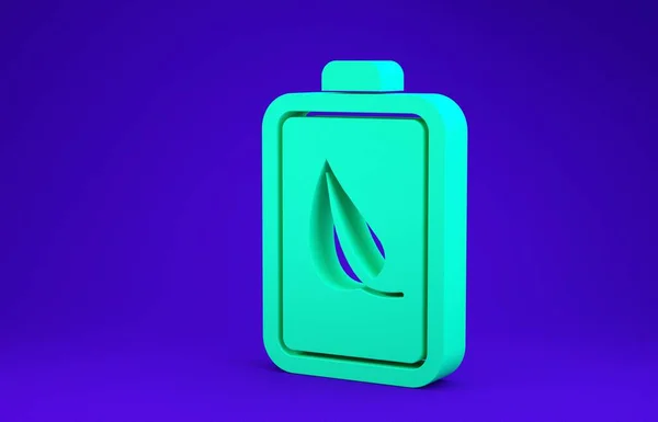 Verde Eco hoja de la naturaleza y batería icono aislado sobre fondo azul. Energía basada en el concepto de ahorro ecológico. Concepto minimalista. 3D ilustración 3D render — Foto de Stock