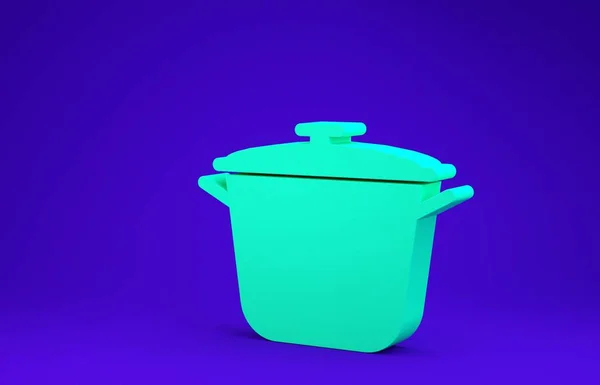 Ícone de panela de cozinha verde isolado no fundo azul. Ferva ou guisado símbolo de comida. Conceito de minimalismo. 3D ilustração 3D render — Fotografia de Stock