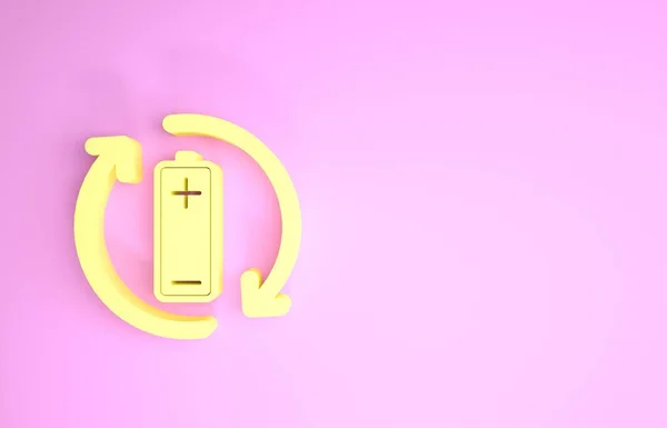 Žlutá baterie s ikonou recyklační symbolové čáry izolované na růžovém pozadí. Baterie se symbolem recyklace - koncept obnovitelné energie. Minimalismus. 3D ilustrace 3D vykreslení — Stock fotografie