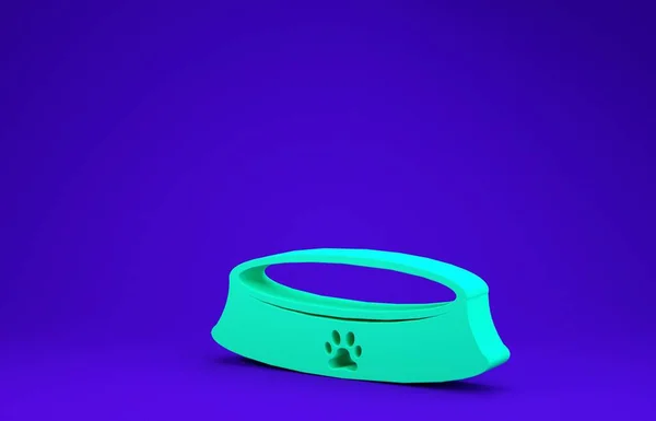 Tigela de comida animal de estimação verde para gato ou cão ícone isolado no fundo azul. Impressão de pata de cão ou gato. Conceito de minimalismo. 3D ilustração 3D render — Fotografia de Stock