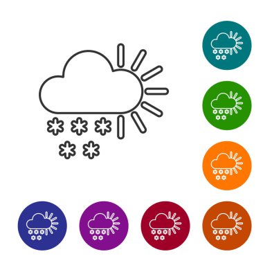 Beyaz zemin üzerinde kar ikonu olan gri çizgi bulutlu. Kar taneli bulut. Tek hava ikonu. Kar tabelası. Simgeleri renk daire düğmelerine ayarla. Vektör İllüstrasyonu