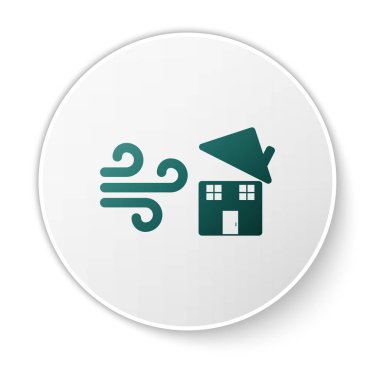 Yeşil Tornado girdabı beyaz arka planda izole edilmiş çatı simgesine zarar veriyor. Kasırga, kasırga, fırtına bacası, kasırga rüzgar ikonu. Beyaz daire düğmesi. Vektör İllüstrasyonu