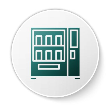 Beyaz arka planda izole edilmiş yeşil yiyecek ve içecek otomatikman satış ikonu. Beyaz daire düğmesi. Vektör İllüstrasyonu