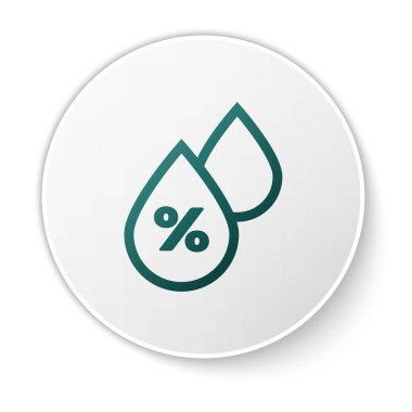 Yeşil Su bırakma yüzdesi simgesi beyaz arkaplanda izole edildi. Nem analizi. Beyaz daire düğmesi. Vektör İllüstrasyonu