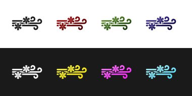 Rüzgar ve kar simgesini siyah ve beyaz arkaplanda izole et. Rüzgarlı bir hava. Vektör İllüstrasyonu