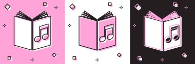 Ses kitabı simgesini pembe beyaz, siyah arkaplanda izole et. Kitaplı müzikal nota. Ses rehberi işareti. Çevrimiçi öğrenme kavramı. Vektör İllüstrasyonu