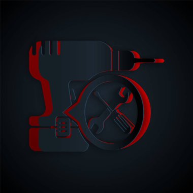 Siyah arkaplanda izole edilmiş tornavida ve anahtar ikonlu matkap makinesi. Ayarlama, servis, ayar, bakım, onarım, onarım. Kağıt sanatı tarzı. Vektör İllüstrasyonu