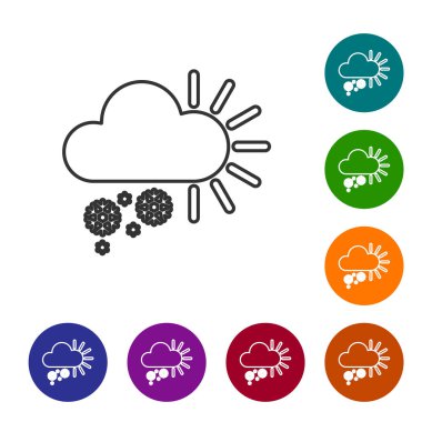 Beyaz zemin üzerinde kar ikonu olan gri çizgi bulutlu. Kar taneli bulut. Tek hava ikonu. Kar tabelası. Simgeleri renk daire düğmelerine ayarla. Vektör İllüstrasyonu