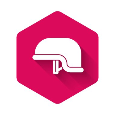 Uzun gölgeli beyaz askeri miğfer ikonu. Ordu şapkasının savunma ve koruma sembolü. Koruyucu şapka. Pembe altıgen düğmesi. Vektör İllüstrasyonu