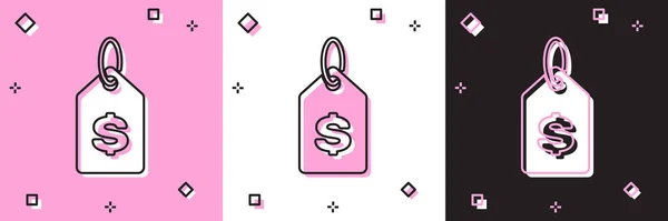 Ορισμός ετικέτας τιμής με εικονίδιο δολαρίου απομονωμένο σε ροζ και λευκό, μαύρο φόντο. Σήμα στην τιμή. Πώληση με σύμβολο δολάριο. Προωθητική έκπτωση. Εικονογράφηση διανύσματος — Διανυσματικό Αρχείο