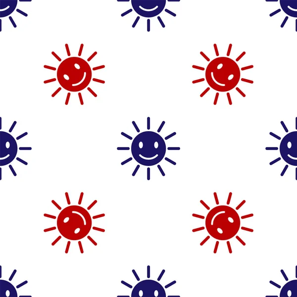Blå och röd Söt sol med leende ikon isolerad sömlös mönster på vit bakgrund. Roligt leende sol. Glad soligt leende. Vektor Illustration — Stock vektor
