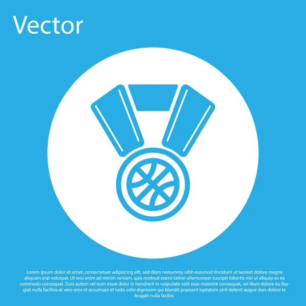 Medalha de basquete azul com ícone de fita isolado em fundo azul. Botão de círculo branco. Ilustração vetorial — Vetor de Stock