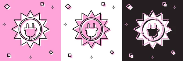 Definir ícone painel de energia solar isolado em rosa e branco, fundo preto. Sol e tomada elétrica. Ilustração vetorial — Vetor de Stock