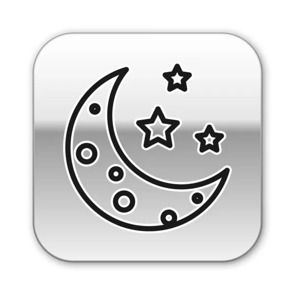 白い背景に隔離された黒い月と星のアイコン。シルバーの正方形のボタン。ベクトルイラストレーション — ストックベクタ
