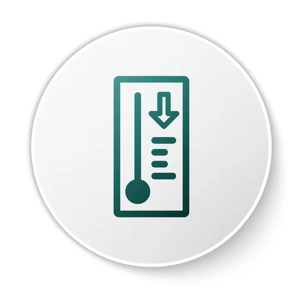 Groene Meteorologie thermometer meten warmte en koude pictogram geïsoleerd op witte achtergrond. Thermometer apparatuur toont warm of koud weer. Witte cirkel knop. Vector Illustratie — Stockvector