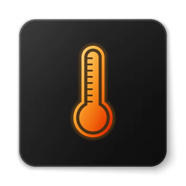 オレンジ色の輝くネオン気象温度計は、白い背景に隔離された熱と冷たいアイコンを測定します。高温または低温を示す温度計機器。黒の四角形のボタンベクターイラスト — ストックベクタ