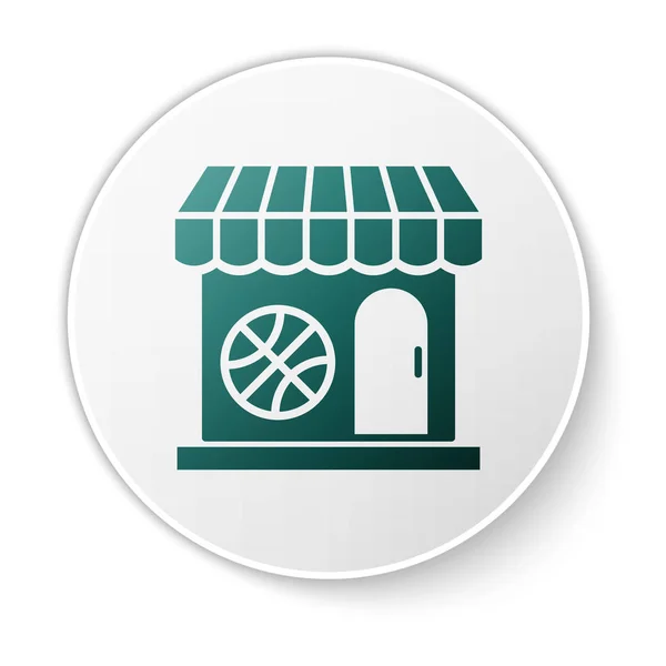 Verde tienda de deportes y pelota de baloncesto icono aislado sobre fondo blanco. Tienda de deportes. Botón círculo blanco. Ilustración vectorial — Vector de stock