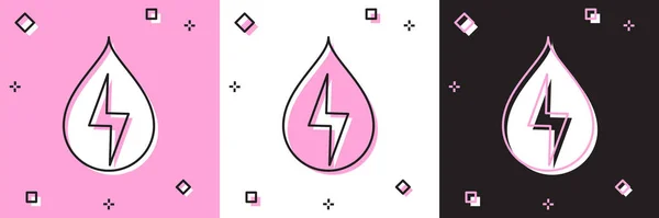 Set Icono de energía de agua aislado sobre fondo rosa y blanco, negro. Concepto ecológico con gotita de agua. Concepto de energía alternativa. Ilustración vectorial — Vector de stock