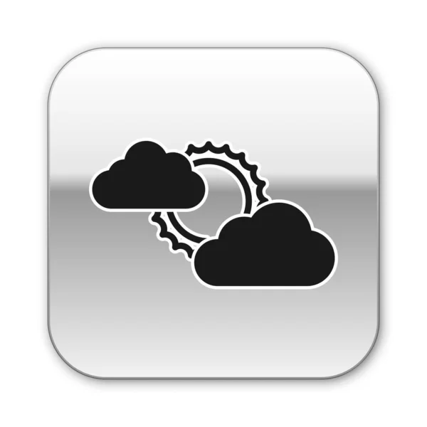 Icono del sol negro y el clima de nubes aislado sobre fondo blanco. Botón cuadrado plateado. Ilustración vectorial — Vector de stock