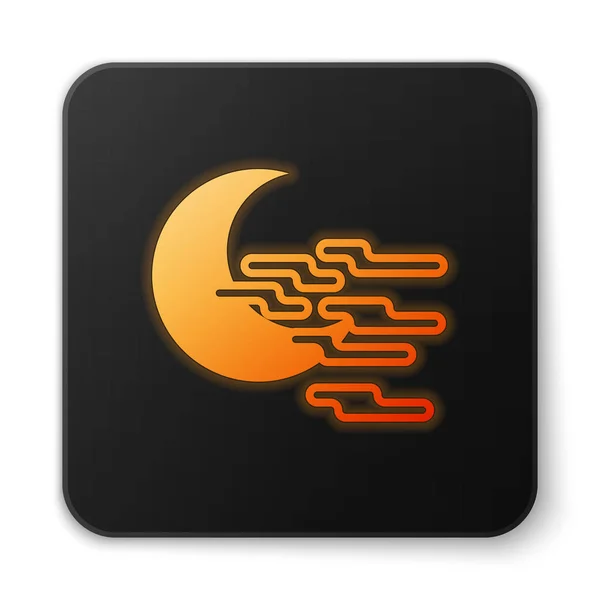 Néon brilhante laranja Ícone de neblina e lua isolado no fundo branco. Botão quadrado preto. Ilustração vetorial — Vetor de Stock