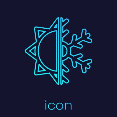 Turkuaz hat Sıcak ve soğuk sembol. Mavi arkaplanda güneş ve kar tanesi ikonu izole edildi. Kış ve yaz sembolü. Vektör İllüstrasyonu