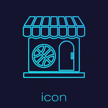 Turkuaz spor mağazası ve basketbol topu ikonu mavi arka planda izole edilmiş. Spor mağazası. Vektör İllüstrasyonu