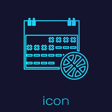 Spor takvimindeki turkuaz çizgi basketbol ikonu mavi arkaplanda izole edildi. Vektör İllüstrasyonu