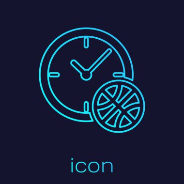 Mavi arka planda izole edilmiş basketbol topunun içindeki turkuaz çizgili saat. Basketbol zamanı. Spor ve antrenman. Vektör İllüstrasyonu