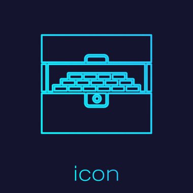 Turkuaz hat, mavi arka planda izole edilmiş antika hazine sandığı simgesini açtı. Altın sikkeli klasik tahta sandık. Vektör İllüstrasyonu