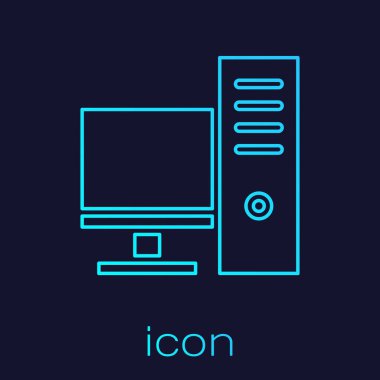 Turkuaz hat bilgisayar monitörü simgesi mavi arkaplanda izole edildi. Bilgisayar bileşeni işareti. Vektör İllüstrasyonu