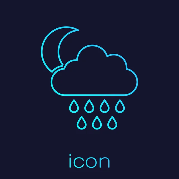 Turkos linje moln med regn och måne ikon isolerad på blå bakgrund. Regn moln nederbörd med regndroppar. Vektor Illustration — Stock vektor