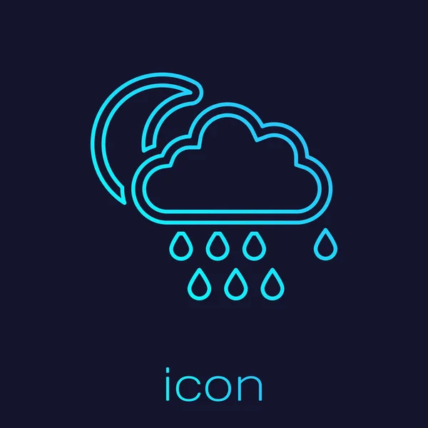 Turkos linje moln med regn och måne ikon isolerad på blå bakgrund. Regn moln nederbörd med regndroppar. Vektor Illustration — Stock vektor