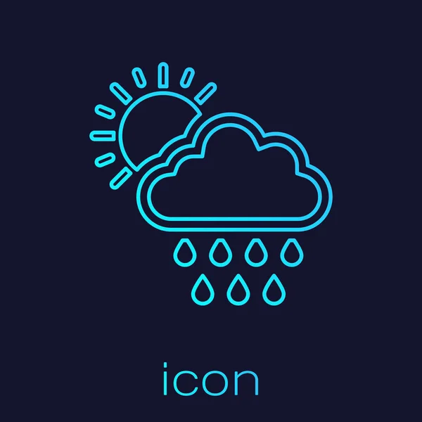 Turquoise line Cloud with rain and sun icon isolated on blue background. Rain cloud precipitation with rain drops. Vector Illustration — Stock Vector